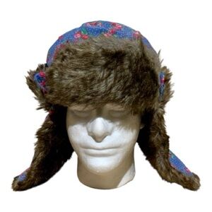 Cozy Floral Blue and Brown Faux Fur Hat